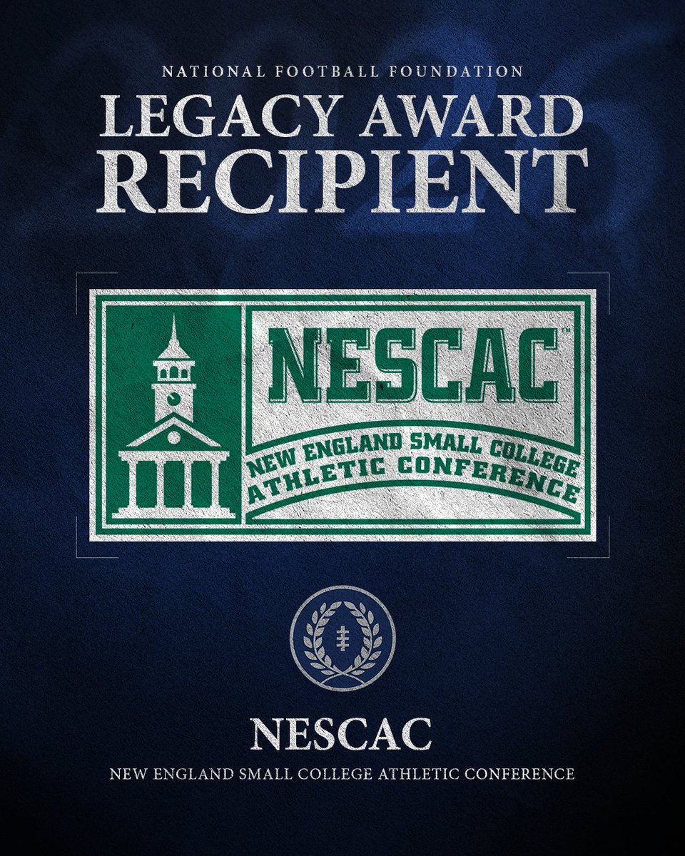 NFFNetwork's tweet photo. The @NESCAC's 2026 NFF Legacy Award honors a tradition of football and academic excellence: rivalries dating to the 1800s, 12 NFF College Football Hall of Famers and 14 NFF National Scholar-Athletes.

The NESCAC will be recognized in Las Vegas on December 8th at the 68th NFF Annual Awards Dinner.
