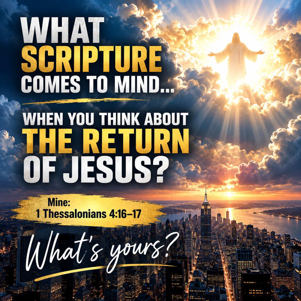 jbmckissack's tweet photo. A question for Christians who study the End Times:
When you picture the return of Jesus, what is the very first Scripture that comes to mind?
Not a book you've read. Not a preacher you've heard. Not a prophecy chart.
A verse or passage from the Bible.
Mine is 1 Thessalonians 4:16–17.
I'm curious what yours is.
#EndTimes #Rapture #Jesus #JesusReturns #BibleProphecy