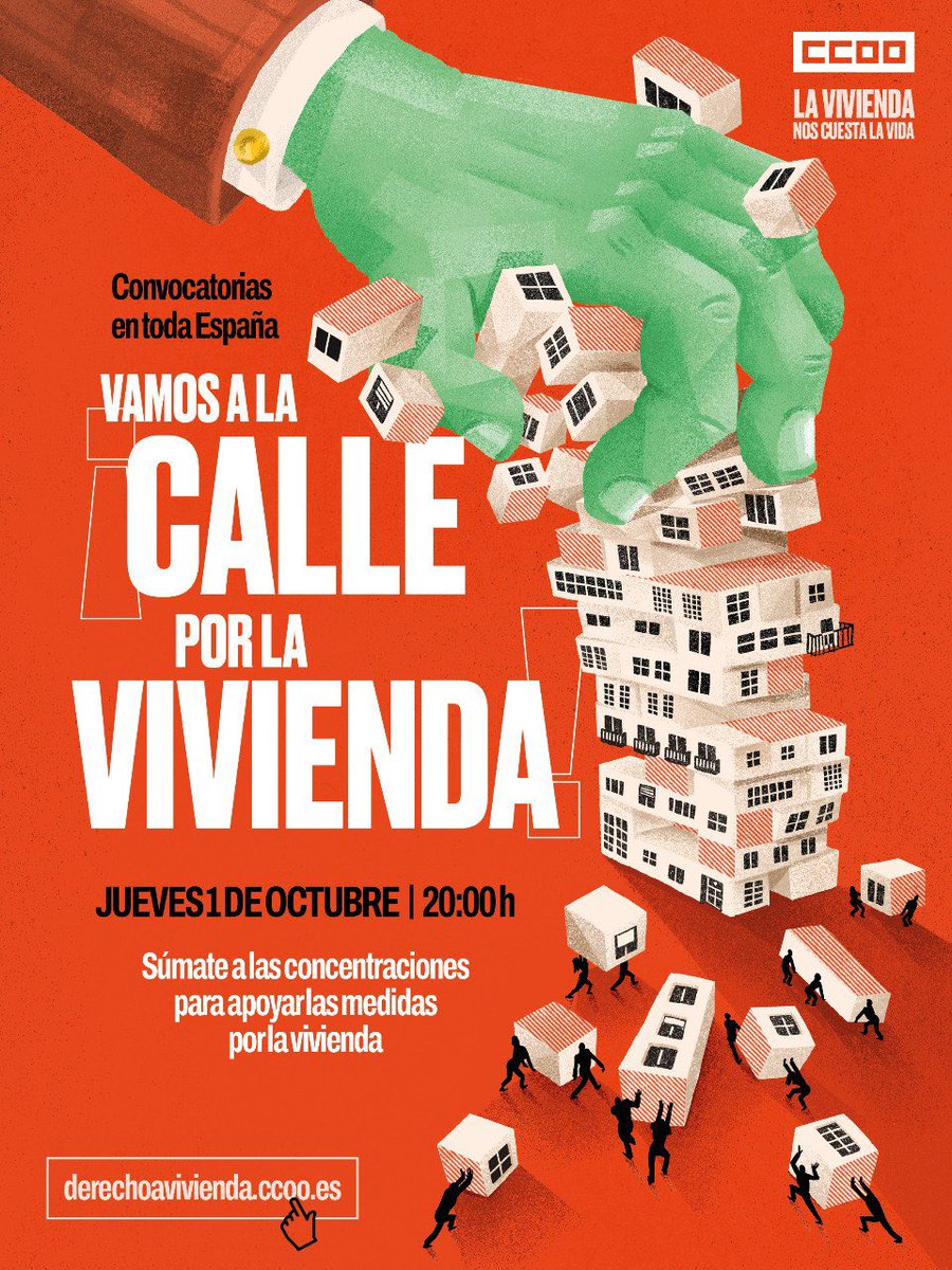 CCOO's tweet photo. 😡‼️Hemos dicho basta‼️😡

📢🪧 Mañana salimos a las calles porque no vamos a parar hasta que el derecho a la vivienda sea una realidad para todas y todos.

✊Seguimos demostrando el poder que tiene la fuerza colectiva y mañana nos verán de nuevo en las calles.

🫵¡Súmate a la concentración de tu ciudad y cuéntaselo a todo el mundo!