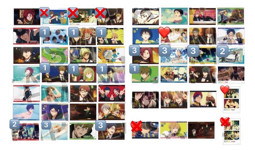 aya_25tri's tweet photo. 【交換】Free! ブロマイドコレクション エンディング Ending Scene

譲：数字のもの(数字は枚数)
求：❤️のもの

岩美町11日、大阪手渡し、郵送交換。こちらの手持ちで横列4枚揃っているものは❤️含む横列4枚とセットで交換も可能です。ID付きのお写真はリプ返信時又はDMにてお送り致します。 https://t.co/2w7MAMrxva