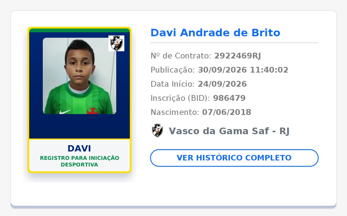biddovasco's tweet photo. NOVO REGISTRO NO BID! 📝 GIGANTE DA COLINA! 💢⚪⚫

👤 Nome: Davi
🎂 Nasc.: 07/06/2018
📄 Tipo: Registro para iniciação desportiva
📅 Início: 24/09/2026
🏁 Fim: 31/12/2026

Publicado em: 2026-09-30 11:40:02

#Vasco #VascodaGama #GiganteDaColina https://t.co/lk7d0Y003n