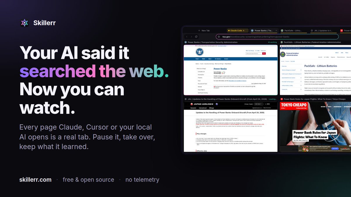 csinye's tweet photo. Your AI says "I searched the web."

Which pages? Did it read them, or answer from memory?

I built a browser where you watch. Every search and every page Claude Code opens is a real tab, live, side by side. https://t.co/jP4AHmrcCs