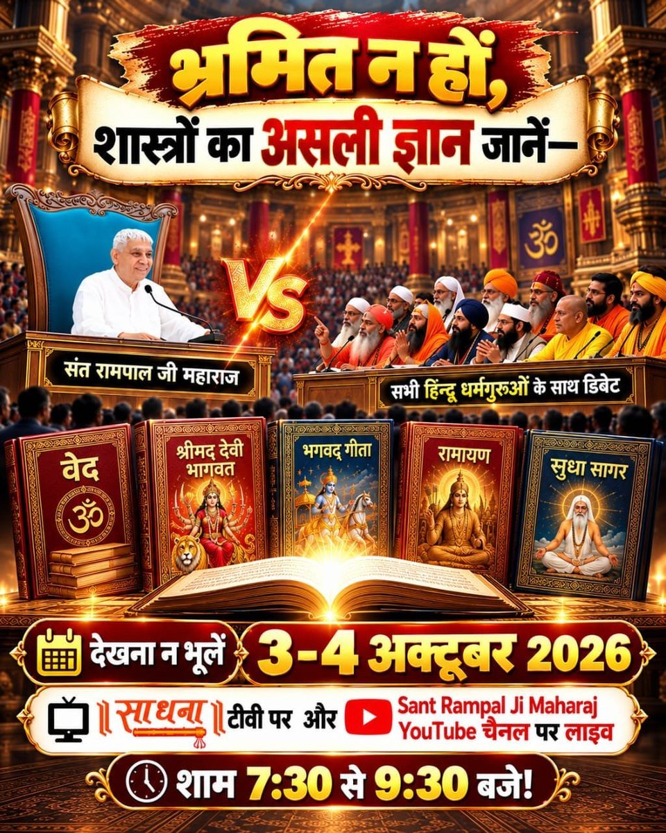 KumarRa81520268's tweet photo. शास्त्रों का असली ज्ञान जानें-VS संत रामपाल जी महाराज

सभी हिंन्दू धर्मगुरुओं के साथ डिबेट

वेद
श्रीमद देवी भागवत
भगवद् गीता
रामायण
सुधा सागर

देखना न भूलें

3-4 अक्टूबर 2026

॥ साधना ॥ टीवी पर और

① शाम 7:30 से 9:30 बजे !
#50लाख_की_ऐतिहासिक_डिबेट

Challenge By Sant RampalJi https://t.co/0cg3VrLe8g
