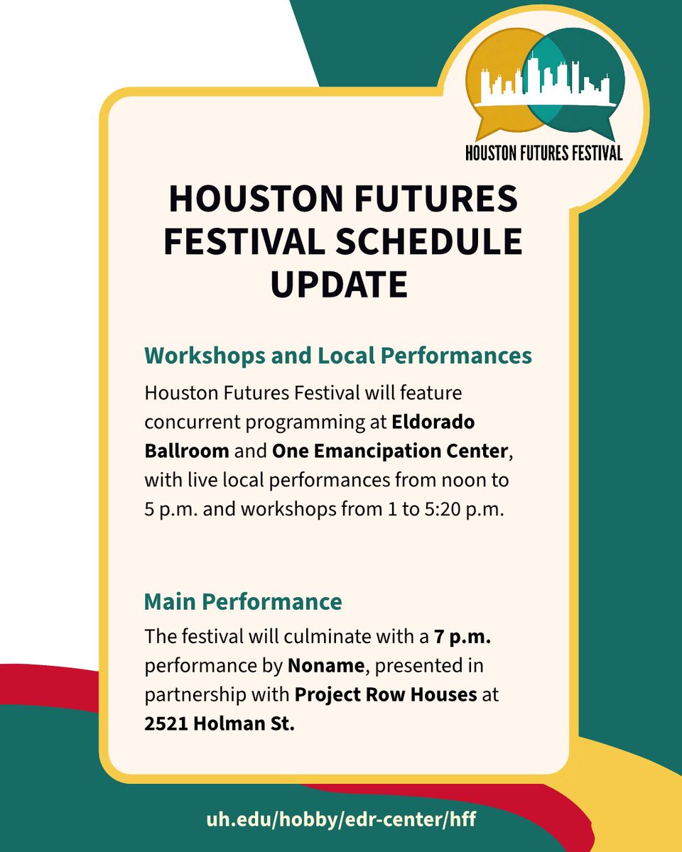 hobbyschooluh's tweet photo. Houston Futures Festival is on Saturday! The festival footprint has been updated. Enjoy workshops and local performances at Eldorado Ballroom and One Emancipation Center. Noname will take the stage at 7 p.m. at 2521 Holman St., presented in partnership with Project Row Houses. https://t.co/38iJeR8hyw