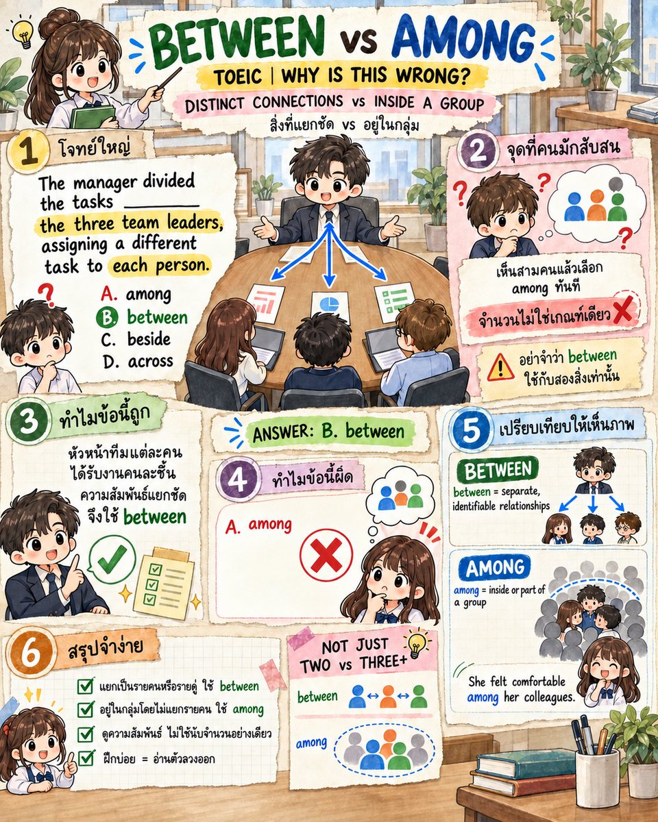 EngnowThailand's tweet photo. between ใช้กับมากกว่าสองได้ ถ้าความสัมพันธ์แยกเป็นรายฝ่าย ส่วน among เน้นการอยู่ในกลุ่ม อย่านับจำนวนอย่างเดียว #Engnow #TOEICGrammar https://t.co/znDwRoBKII