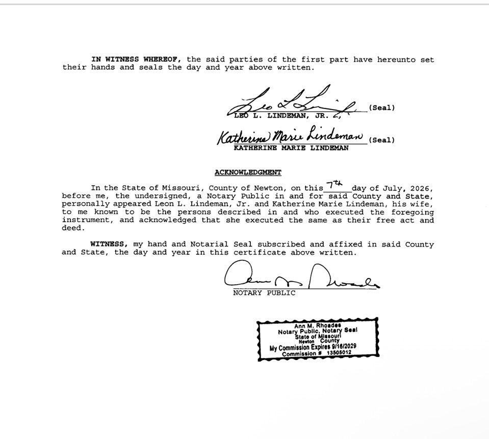 LibbiXReports's tweet photo. 🚩#Lindemans follow up: In July 2026, 9 days prior to naming a new beneficiary, Katherine &amp; Leo filed a new Warranty Deed on their property naming the exact same property details in it as the beneficiary document. 

#Missouri #MissingPersons https://t.co/tfDoj9vUqo