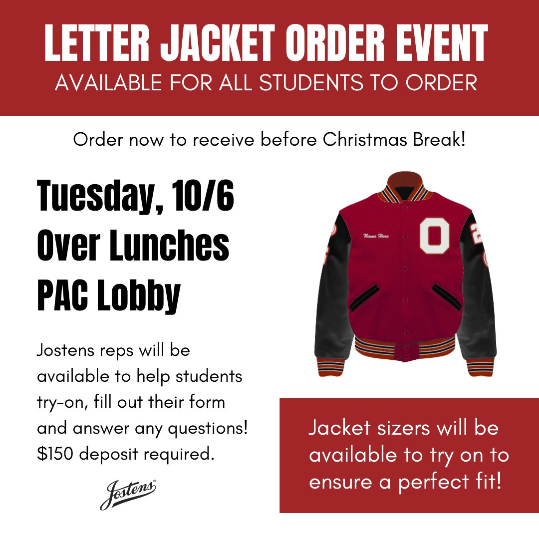 OwassoAthletics's tweet photo. On Tuesday, October 6th, Jostens will be in the PAC Lobby during lunches to help assist with letter jacket try-ons, placing orders, and answering questions!
#CHAMPIONS | #RamPride https://t.co/HQNt87XtTu