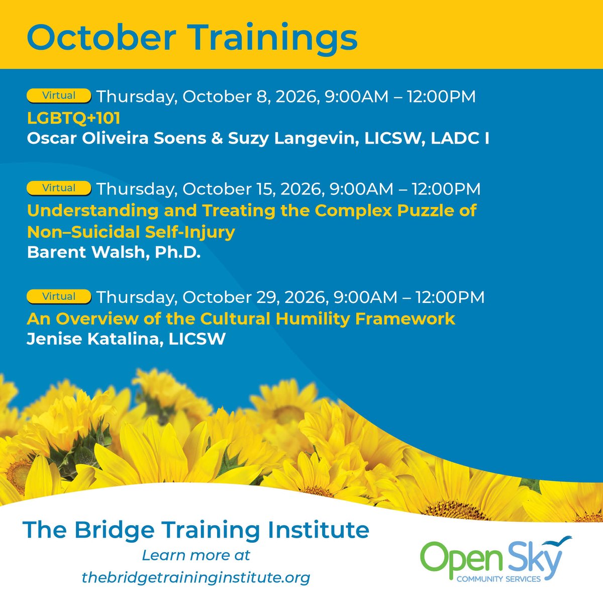 openskycsorg's tweet photo. Welcome to The Bridge Training Institute's 2026-2027 season!  

October includes a vast variety of sessions, so explore everything we have to offer here: https://t.co/1UnEvuZace 

#TheBridgeTrainingInstitute #professionaldevelopment #humanservices https://t.co/2jcVPUgYbK