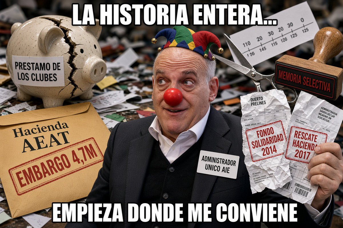 ChristianariasF's tweet photo. Javier, la historia entera sí…
pero la tuya siempre empieza donde te conviene 🤡📜✂️😂
La AIE la constituiste TÚ en 2011 🏗️🫵
Administrador único hasta junio 2013 👔📅
Mes y medio después de sentarte en LaLiga 🪑✨
Casualidad, claro… 🤷‍♂️🤣🤣
Las transferencias de 2014 y 2016 del Madrid
eran al FONDO de solidaridad / ayuda al descenso
que 35 clubes pactaron 🤝💰📉
Eso NO es el préstamo de 2017.
Mezclar las dos cosas es de trileros 🎩🃏🤡
El préstamo de 2017 es OTRA película 🎬🍿
Hacienda te embargó preventivamente 4,7 millones
a ti y a la AIE 🧾🚨💸
Entonces pediste a los clubes 3,9 millones
y un contrato para cubrir hasta 40 millones
si perdías los recursos 📑😱🏦
El Madrid dijo que NO. ❌🚫
Porque mezclar al presidente de LaLiga
con un agujero fiscal de SU sociedad
huele a conflicto de interés 🦨⚖️
Eso no es “memoria selectiva” 🧠🗑️
Eso es no querer pagarte el recado de Hacienda 🧾🖕😂
El Barça, en cambio…
sigue teniendo apuntados 4,485 millones
de préstamo a esa misma AIE
en su memoria 2024/25 📘🖊️💸
Firmada por Laporta ✍️🤡
Eso SÍ está en las cuentas.
Lo tuyo de “todos aportaron menos el Madrid”
es: todos rescataron tu lío…
menos el que no quiso. 👏🤡🎪
Y ahora sacas facturas de 2018
de un aval y “gastos de gestión” 📄🏦🙄
como si eso borrara
quién creó la sociedad 🏗️
quién la administró 👔
y quién pidió el préstamo
cuando Hacienda llamó a la puerta 🚪📞😱
Relación en ambos sentidos, dices. ↔️
Sí:
los clubes ponen el fondo… 💰
y cuando sale la inspección,
tú pides que te lo cubran. 🙏🤡💸
Pregunta tú también:
¿por qué el Madrid no firmó el rescate de 2017
y el Barça todavía lo arrastra en balance? 🤔📘😂
La historia entera duele más
cuando no recortas el capítulo
en el que eres el protagonista. 🎭🎬🏆🤡🤡🖕🏼🖕🏼