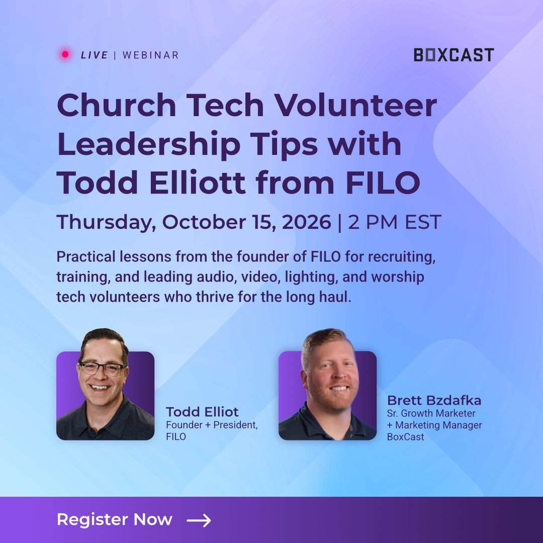 BoxCast's tweet photo. Join us October 15 at 2:00 p.m. EST for a webinar on recruiting, training, and leading church tech volunteers who stick around. Live Q&amp;A + a giveaway.
https://t.co/nAkv3yrQpr https://t.co/f3wnnx5y93