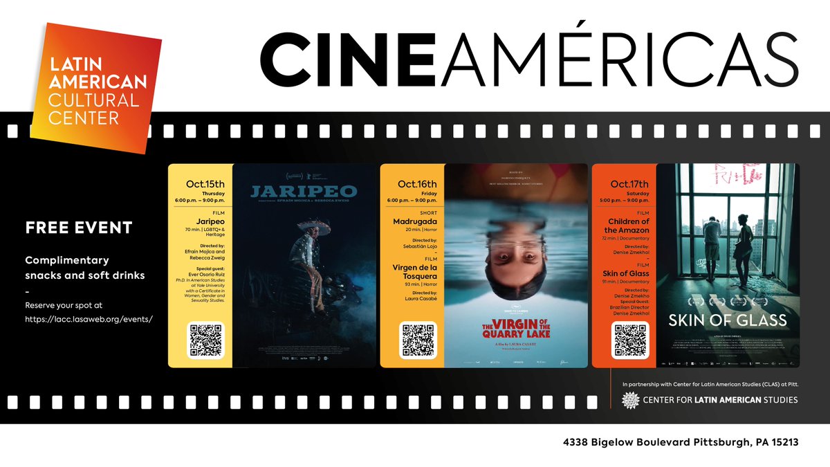 LACCATLASA's tweet photo. Join us for Cine Américas 2026! 🎬️ 
Three days of contemporary Latin American cinema on October 15, 16 &amp; 17.
Watch, connect, and talk about these stories with fellow film lovers. 
📍 4338 Bigelow Blvd, Pittsburgh, PA
🎟️ Free event! Register here: https://t.co/JHCfL2OGAR
#LACC https://t.co/qvIrWOZ7zO