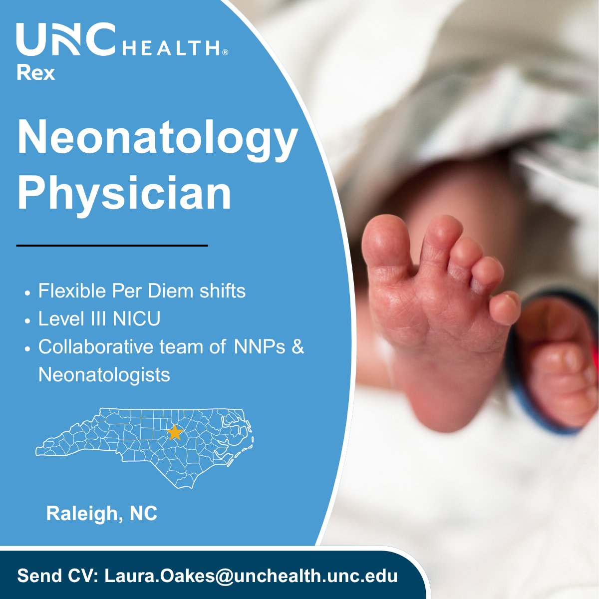 UNCPhysRecruit's tweet photo. UNC Health Rex is seeking Per Diem Neonatologists to join our Level III NICU team in Raleigh, NC. Enjoy a flexible schedule, collaborative practice environment, and the opportunity to care for a diverse neonatal population.

https://t.co/stUrkVNJ1q https://t.co/Y26Dl0DfRI