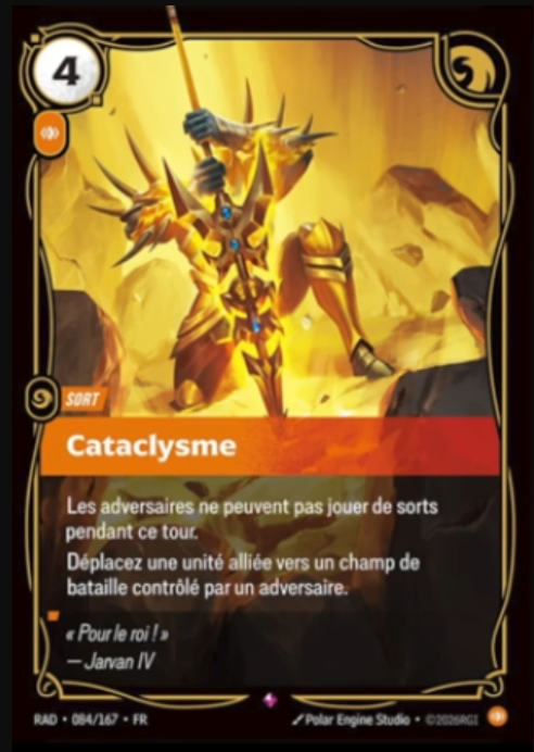 RiftboundReport's tweet photo. Cataclysm has been revealed by @leobriantcg on Twitch!

4 Energy, 1 Body Power
Spell

Card Text:
Opponents can't play spells this turn.
Move a friendly unit to a battlefield controlled by an opponent.

#RBRadiance https://t.co/Ob1m74UX5p