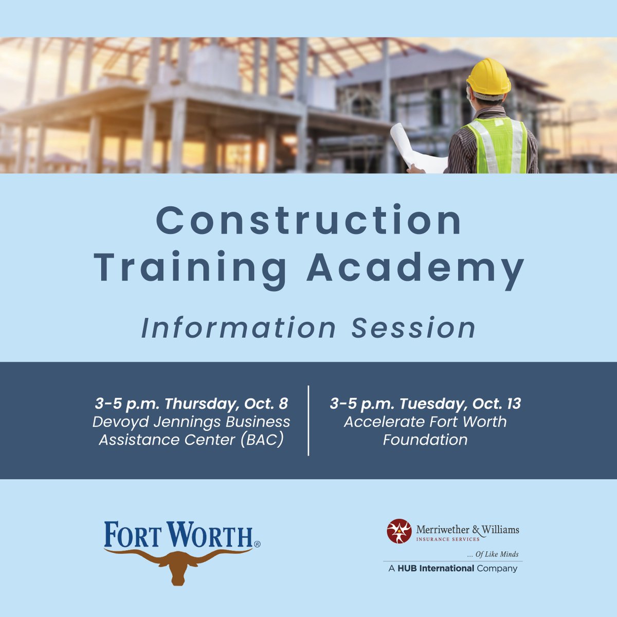FWEconDev's tweet photo. The City of Fort Worth is launching a new Construction Training Academy to help contractors qualify and bid on City projects! 🏗️ 

Contractors interested in learning more about this program are invited to attend one of two upcoming outreach events: https://t.co/IxJVQZtuBO https://t.co/woA8sJ7dXj