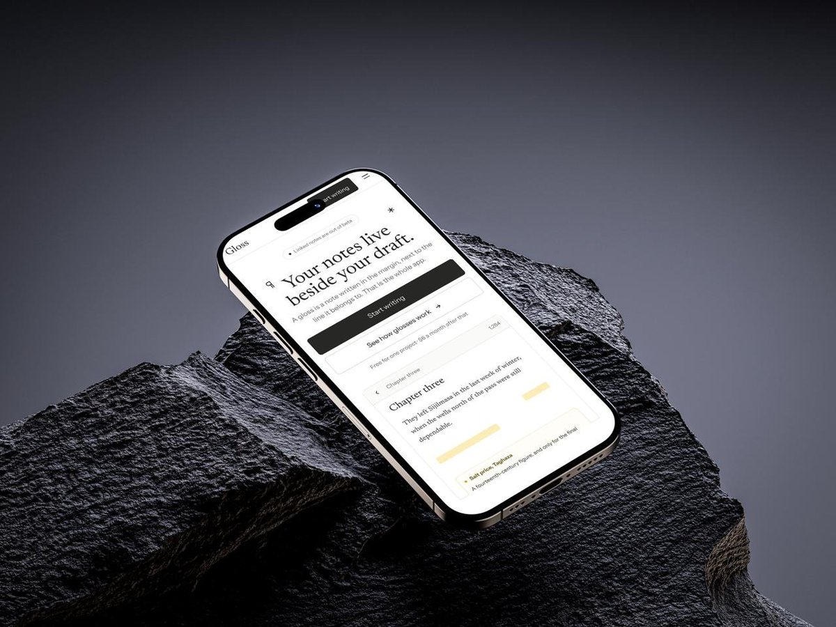IfeoluwaOladeni's tweet photo. Exploring a hero direction for Gloss a writing app where your notes live in the margin, right beside the line they belong to.
The idea: let the typography lead, keep everything else quiet, and use warm gold only where attention matters.

#UIDesign #WebDesign #Typography https://t.co/mXqC0QSIND