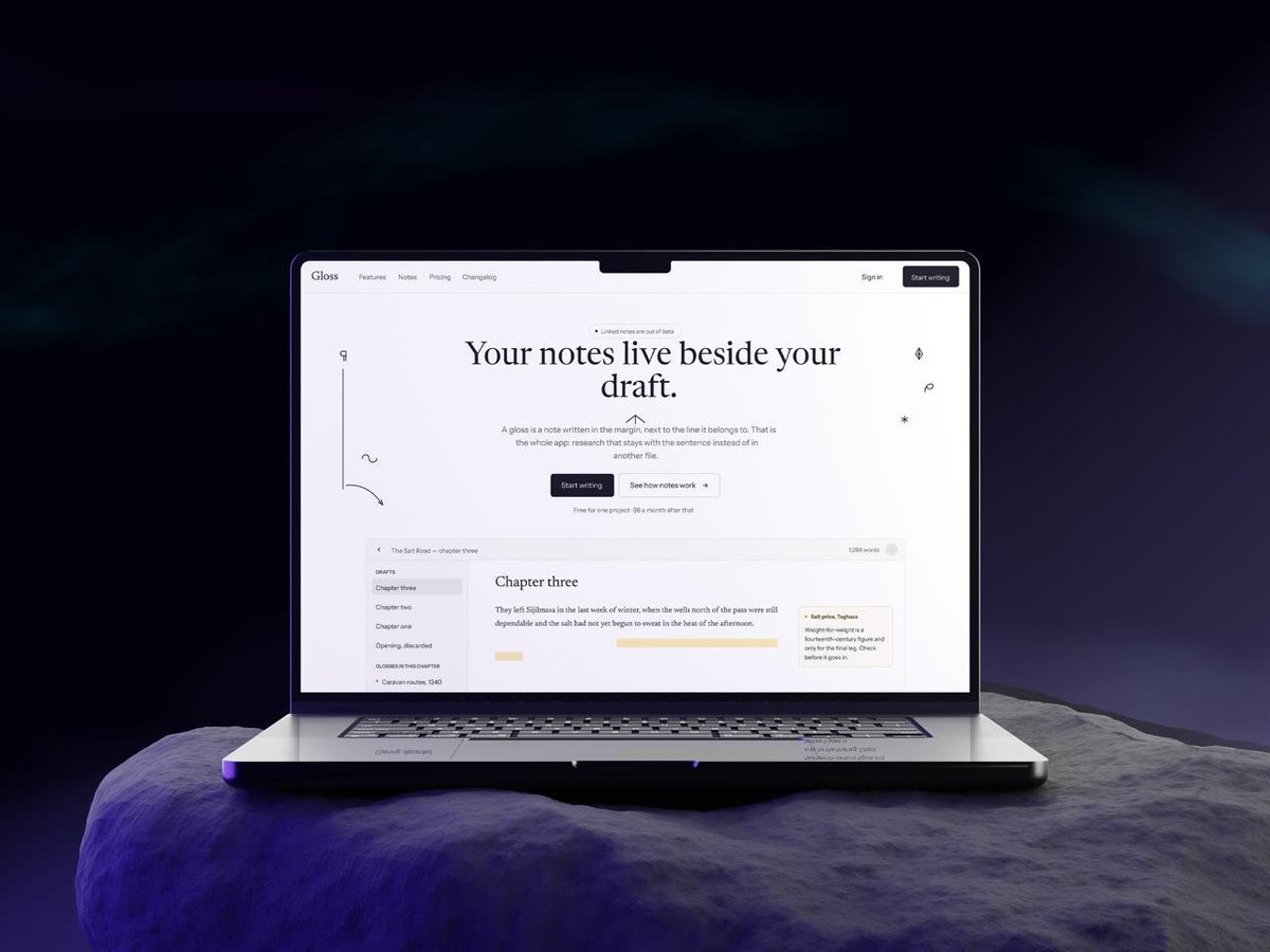 IfeoluwaOladeni's tweet photo. Exploring a hero direction for Gloss a writing app where your notes live in the margin, right beside the line they belong to.
The idea: let the typography lead, keep everything else quiet, and use warm gold only where attention matters.

#UIDesign #WebDesign #Typography https://t.co/mXqC0QSIND