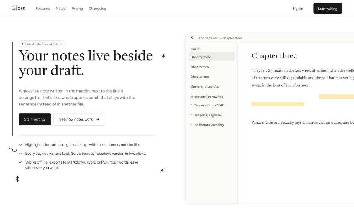 IfeoluwaOladeni's tweet photo. Exploring a hero direction for Gloss a writing app where your notes live in the margin, right beside the line they belong to.
The idea: let the typography lead, keep everything else quiet, and use warm gold only where attention matters.

#UIDesign #WebDesign #Typography https://t.co/mXqC0QSIND