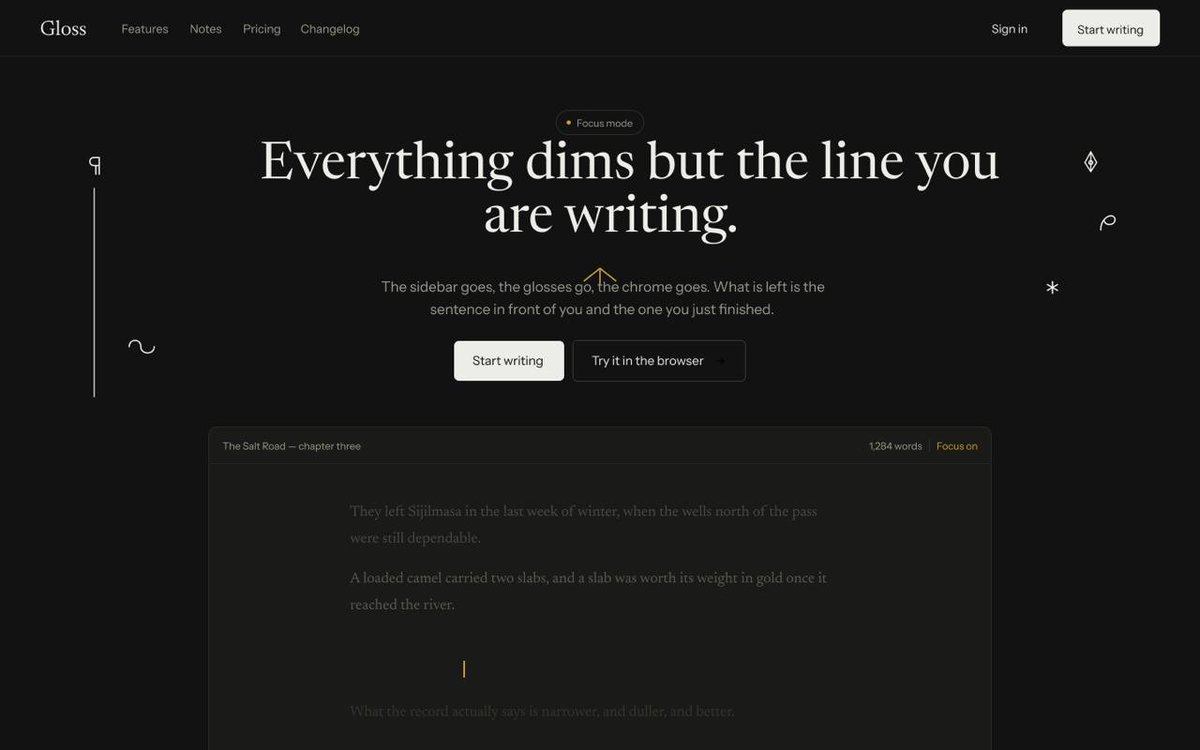 IfeoluwaOladeni's tweet photo. Exploring a hero direction for Gloss a writing app where your notes live in the margin, right beside the line they belong to.
The idea: let the typography lead, keep everything else quiet, and use warm gold only where attention matters.

#UIDesign #WebDesign #Typography https://t.co/mXqC0QSIND