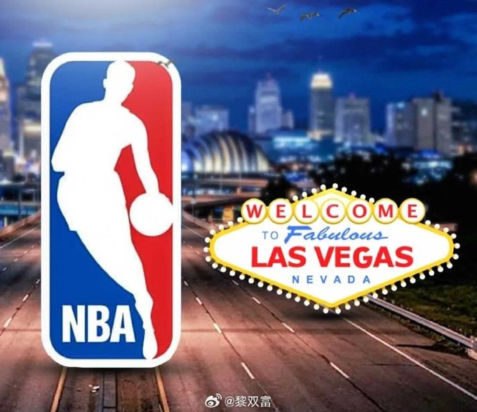 The NBA logo appears next to the 'Welcome to Fabulous Las Vegas Nevada' sign, with a Chinese watermark '@黎双富' visible, suggesting an NBA event in Las Vegas.