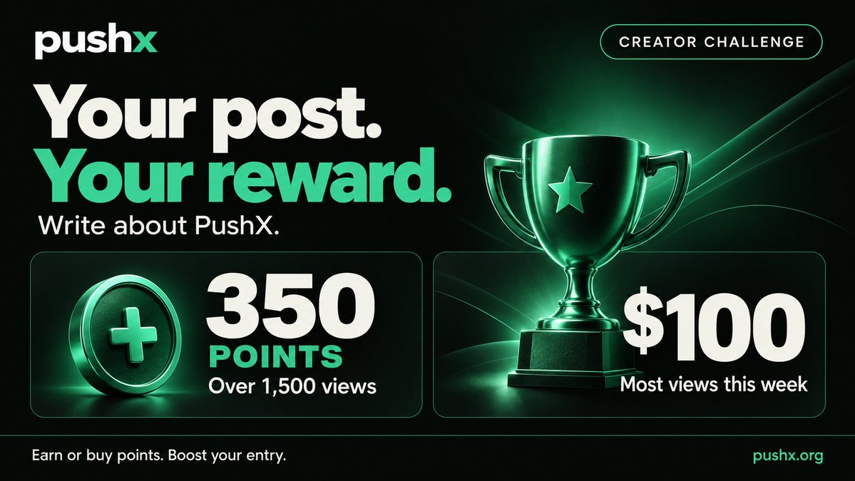 _Push_X_'s tweet photo. The PushX Creator Challenge is live 🚀

Post about PushX. Earn points. Compete for $100.

Get more than 1,500 views on your post → earn 350 points to spend on engagement for your own posts.

The post with the most views over the week wins $100.

Want to give your entry a push? Use your earned points or buy points on PushX to promote your post about PushX and compete for the top spot. 👀

Create your post. Spread the word. Make it count.

Good luck, everyone!

https://t.co/ewEeguRB9Q