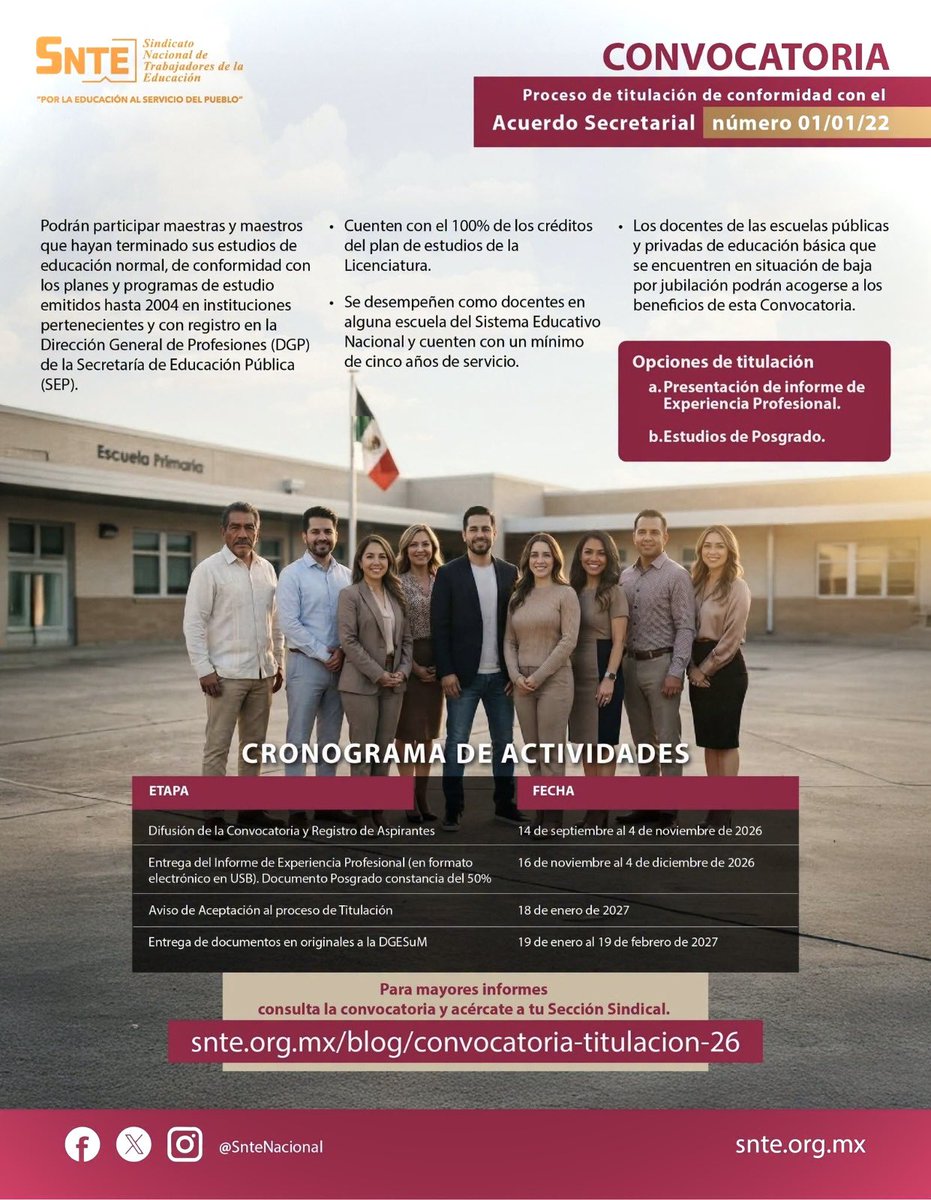 SnteNacional's tweet photo. 📢¡Aviso importante!

👩🏻‍🏫👨🏻‍🏫 Derivado de la Respuesta al #PND2026, te informamos que sigue vigente la Convocatoria al Proceso de Titulación de la Licenciatura en Educación. 

Toda la información en el enlace:
🔗 👉 https://t.co/ieErE32BRl https://t.co/ZUB5kDWirJ