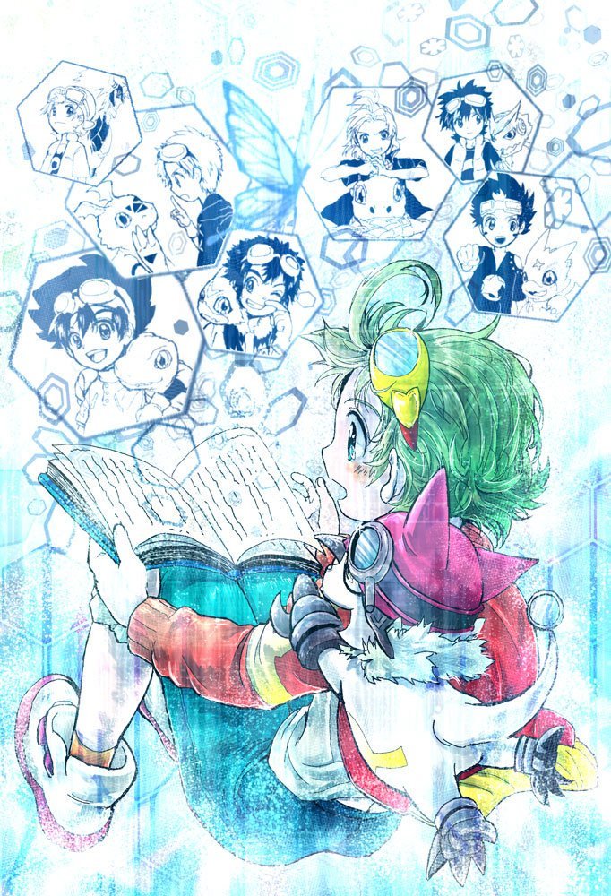 mareari's tweet photo. DIGIMON UNIVERSEアプリモンスターズ放送10周年＆YouTube全話配信決定おめでとう～～～～～♥️💗💛💜💚
今月中に絶対アプモン放送開始から10年お祝い新規絵描くし4枚目のハルくん誕生日絵も色塗りたい…！！！！！！！！！！ https://t.co/FD2gkuCXTs