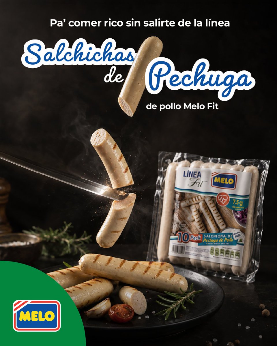 AlimentosMelo's tweet photo. ¡Tá pritty pa’ comer fit! 💛​
​
Prueba las Salchichas de Pechuga de Pollo Melo Fit: prácticas, ricas y perfectas para resolver tus comidas.​
​
Pide online en https://t.co/NyTB3XeZES ​
o visítanos en Tiendas Melo.​
​
#AlimentosMelo #MeloFit #SaborMelo https://t.co/4vgkworSyD