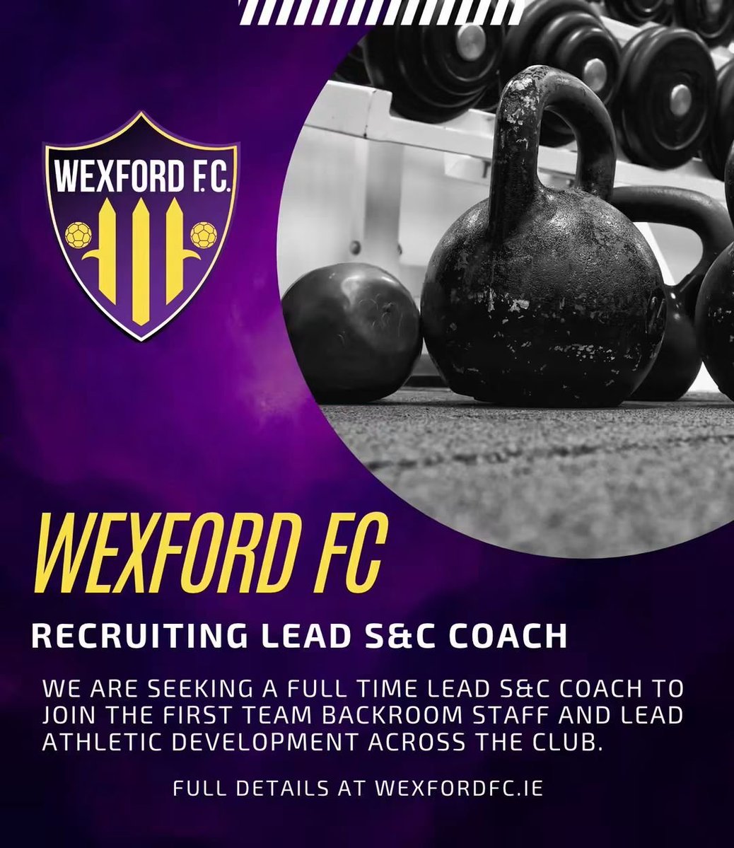 WexfordFC's tweet photo. RECRUITMENT:  Wexford FC are seeking a full time Lead Strength and Conditioning Coach to join the first team backroom staff and lead athletic development across the club.

Full details and how to apply at https://t.co/M2BfoBUEPI https://t.co/fzlj8V2mL7