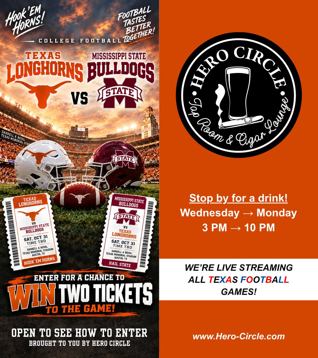 HeroCircleTX's tweet photo. We have 2 Longhorn game tickets with your name on it!🏈
Whoever is closest to the final scoreboard to a future game, wins 2 FREE football tickets to the game on October 31st!🍻
Learn more on our website👇
https://t.co/JfDbQ0hMKJ
#HeroCircle #taproom #longhornfootball #sweepstakes https://t.co/o5cMlOgRQm