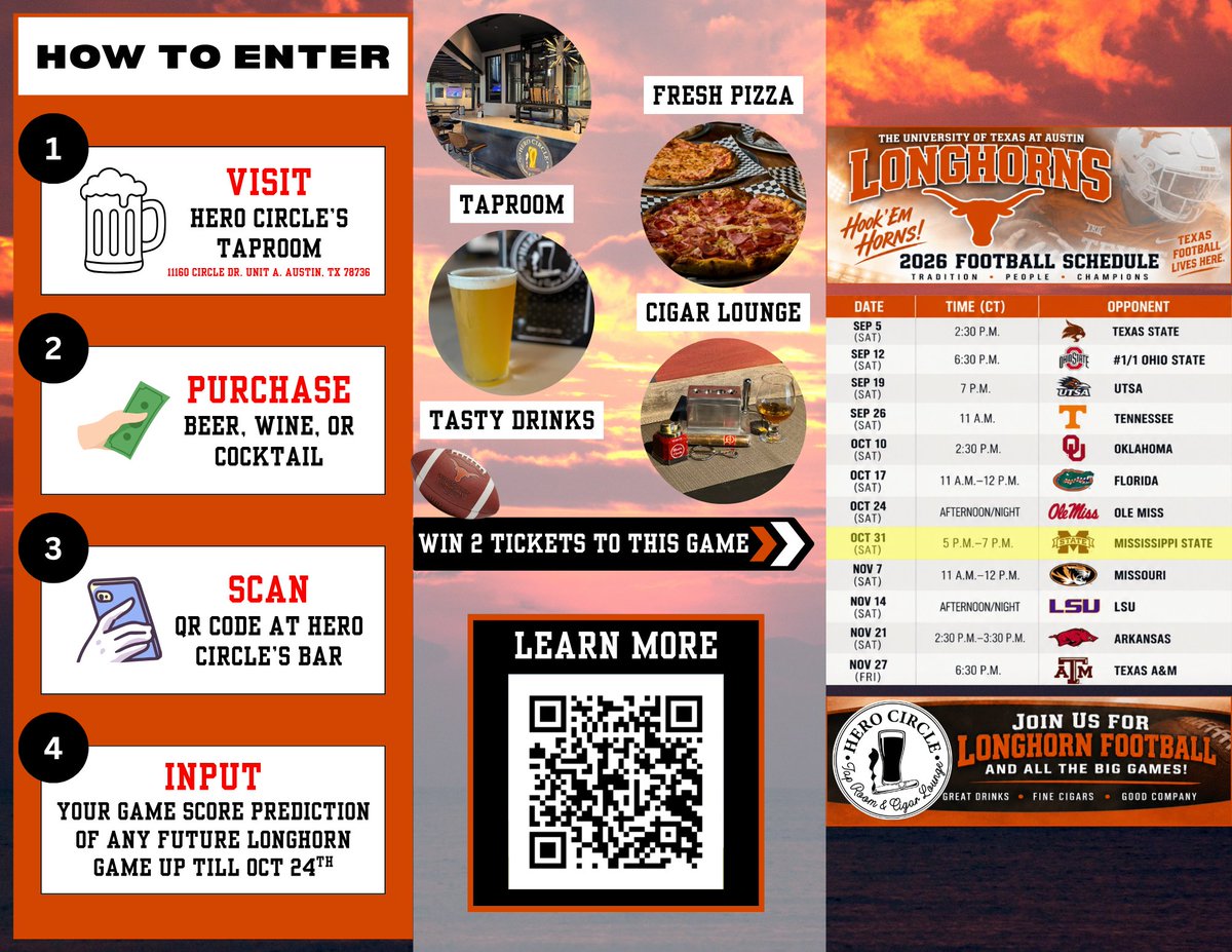 HeroCircleTX's tweet photo. We have 2 Longhorn game tickets with your name on it!🏈
Whoever is closest to the final scoreboard to a future game, wins 2 FREE football tickets to the game on October 31st!🍻
Learn more on our website👇
https://t.co/JfDbQ0hMKJ
#HeroCircle #taproom #longhornfootball #sweepstakes https://t.co/o5cMlOgRQm