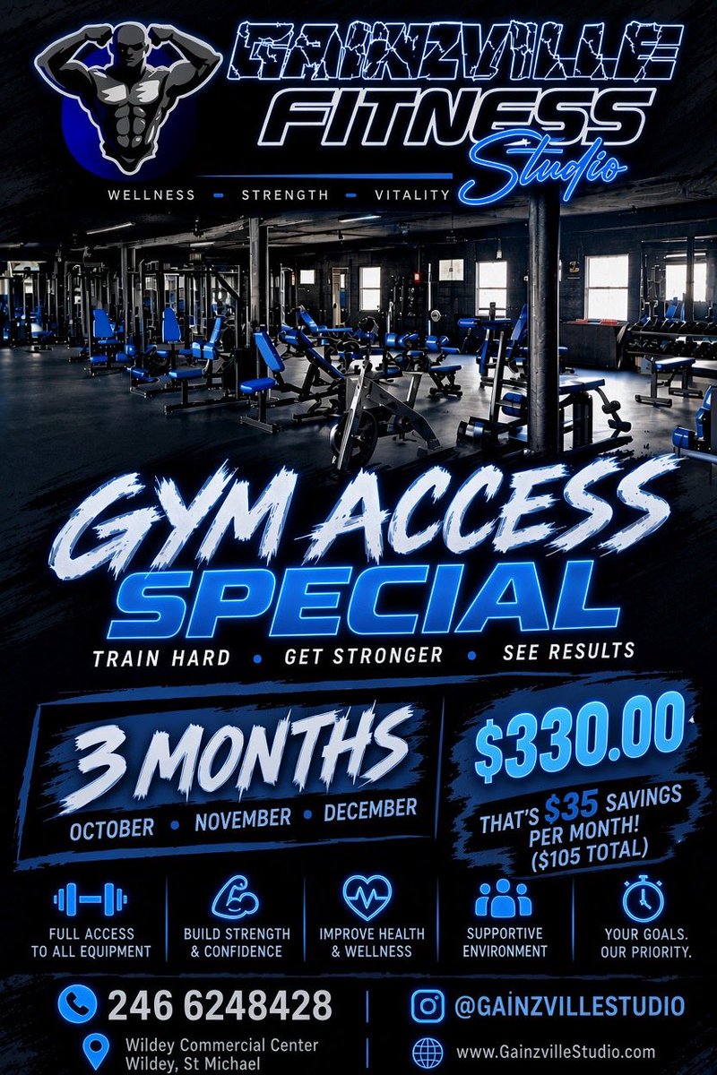 bodybyfrank's tweet photo. 🚨🔥 OCTOBER GYM ACCESS SPECIAL! 🔥🚨

OCTOBER ONLY — 3 consecutive months of gym access for one upfront payment of $330.
Oct - Nov - Dec

📲 Sign up today: https://t.co/4xKTXjogHz

📍 Gainzville Fitness Studio
Wildey Commercial Centre, St. Michael
📞 624-8428

#OctoberSpecial https://t.co/cGf9YHqW6g