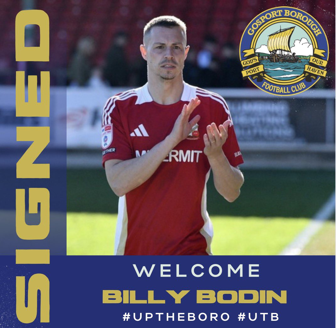 GosportBFC's tweet photo. 𝗕𝗶𝗹𝗹𝘆 𝗕𝗼𝗱𝗶𝗻 𝗶𝘀 𝘁𝗵𝗲 𝗹𝗮𝘁𝗲𝘀𝘁 𝗿𝗲𝗰𝗿𝘂𝗶𝘁 🙌

He has years of experience behind him in the EFL, recently spending time at Swindon, Burton and Oxford.

The attacking midfielder will also be available for tonight’s game.

Welcome @BillyBodin9 🤝

#UpTheBoro #UTB https://t.co/6HK1L1dmQK