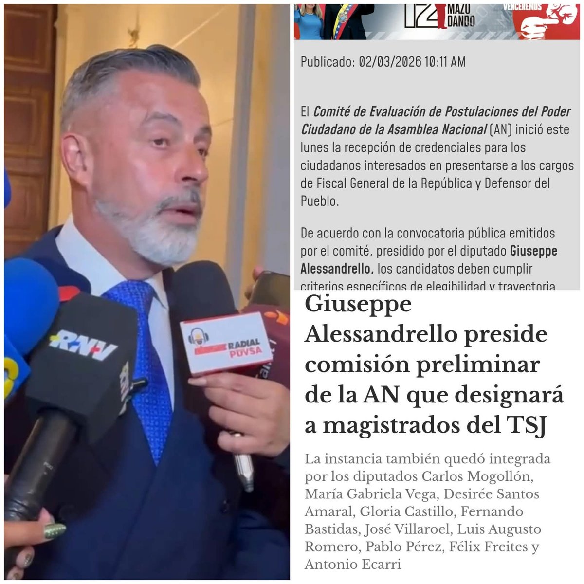maibortpetit's tweet photo. 🚨 CRECE LA DESCONFIANZA POR ALESSANDRELLO Y EL COMITÉ DE MAGISTRADOS

La designación del almirante y diputado Giuseppe Alessandrello al frente del proceso de postulaciones judiciales vuelve a generar cuestionamientos sobre la transparencia de la selección de magistrados del Tribunal Supremo de Justicia.

El antecedente es significativo. En abril de 2026, el propio régimen ya había colocado a Alessandrello al frente de la Comisión Preliminar encargada de activar este proceso.

Posteriormente, el proceso quedó interrumpido por la mesa de negociación. Según declaró Jorge Arreaza, integrante de esa mesa, el régimen habría aceptado comenzar desde cero el proceso relacionado con los jueces.

Alessandrello ya había presidido además el proceso de selección del Poder Ciudadano para escoger al fiscal general y al defensor del pueblo, un procedimiento cuestionado por su opacidad y por la exclusión de aspirantes con mejores credenciales.

Ahora vuelve a quedar al frente de otro proceso clave para la justicia venezolana,