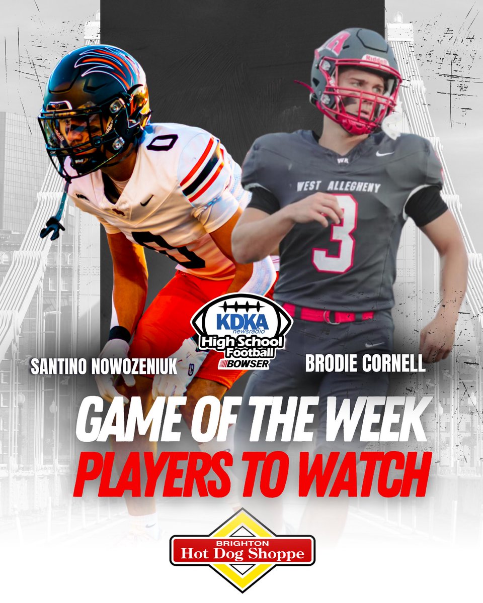 KDKARadio's tweet photo. Game of the Week Players to Watch 👀🏈

Central Catholic’s Santino Nowozeniuk and West Allegheny’s Brodie Cornell are two names to keep an eye on Friday night. 🔥

Presented by Brighton Hot Dog Shoppe 🌭

#WPIAL #HSFootball #KDKAFridayNightLights #GameOfTheWeek https://t.co/bOQ0sWcYbe