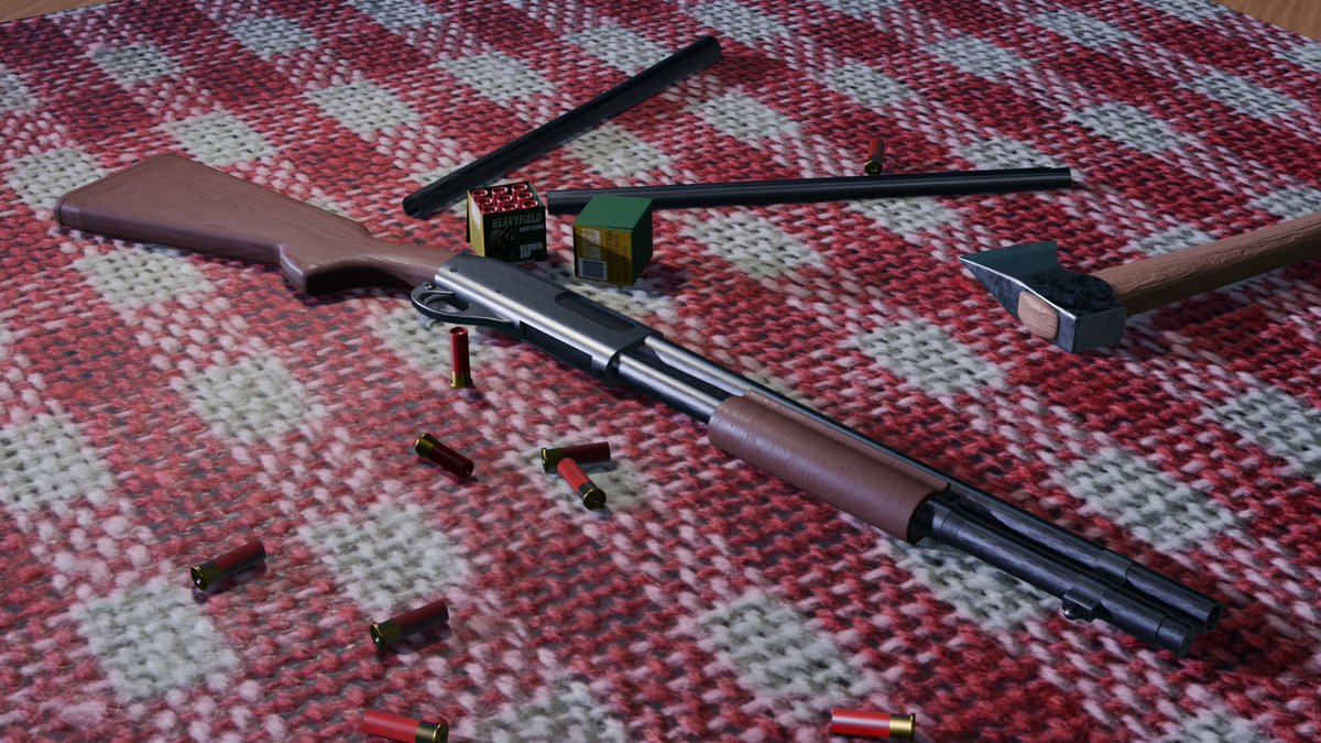 Gravers06's tweet photo. A Remigton 870 modeled in Blender from scratch with extra ammo and an axe 

#Blender #b3d https://t.co/lJHtTfeTNy