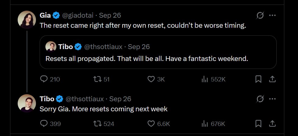 TWATlight19's tweet photo. @thsottiaux @thekitze It also seems technically correct that you said there would be "more resets" this week.  One does not count as multiple. https://t.co/h6YHwnEk5O