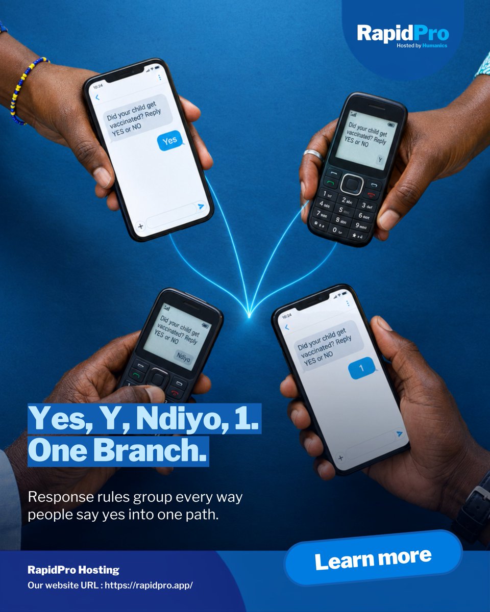 Rapidpro_App's tweet photo. Yes. Y. Ndiyo. 1.
Four replies, one meaning. In RapidPro, a single response rule sends all of them down the same branch.
No manual recoding, no contacts lost in "Other."
https://t.co/yfVHHoTxvo
#RapidPro #SMS #ICT4D https://t.co/QKHD6pCX6v