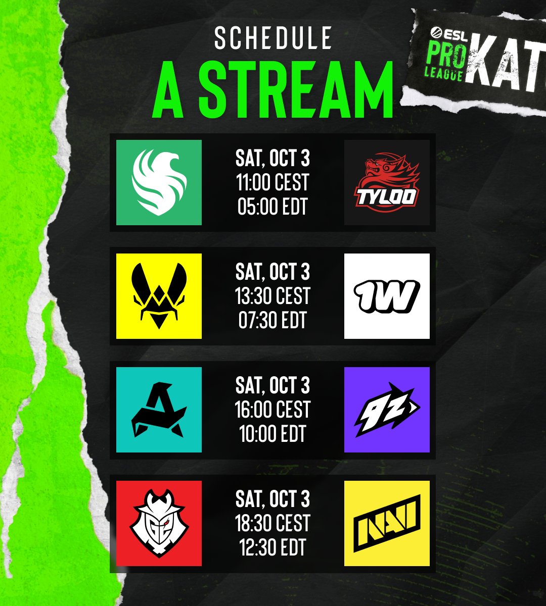 ESLCS's tweet photo. #ESLProLeague Katowice Starts Saturday October 3rd 📆

The matches are ready and the stream A &amp; B schedule is LOCKED IN 🔒

Check it out below 👇 https://t.co/Ao5UW4nEmz