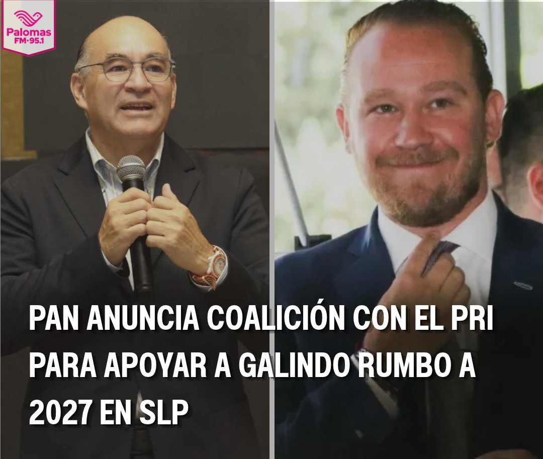 FmPalomas's tweet photo. 🤝 PAN anuncia coalición con el PRI en SLP rumbo al 2027 para apoyar a Galindo; MC podría sumarse. El anuncio lo hizo Santiago Taboada, quien confirmó que ya dialogaron con el alcalde capitalino. https://t.co/OpK5dQL1SU https://t.co/bdMyJQGi3u