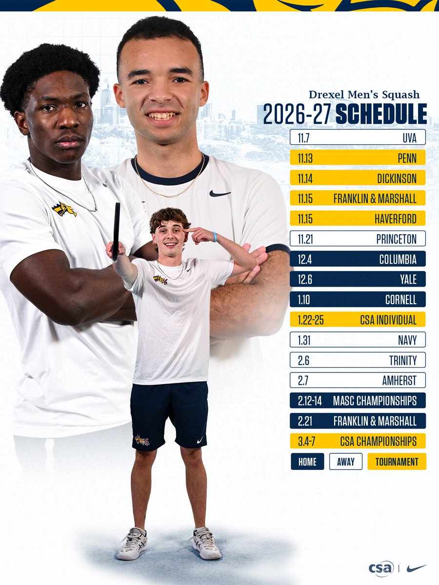DrexelSquash's tweet photo. Mark your calendars, the 2026-27 schedule is here https://t.co/PQ0d3FJcX8
