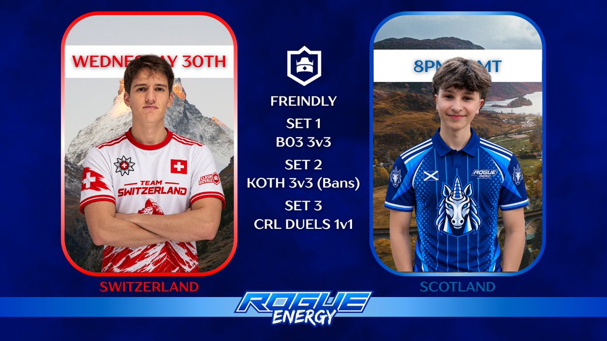 TeamScotlandCR's tweet photo. MATCHDAY!

This is Scotland's first offical friendly scrim, as we go up against Switzerland tonight! 🇨🇭

Scotland Line-Up: 3/3👤
- Clasher
- Mkay
- Lewis

TONIGHT AT 20:00 UK TIME! ⏳
- Looking for streamers to cast the game! (Contact @low_ky0 ) https://t.co/nr9CtYv8dC