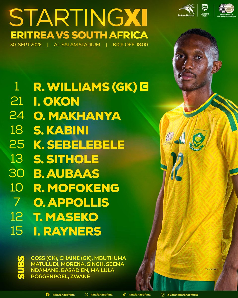 BafanaBafana's tweet photo. Bafana Bafana 🇿🇦 starting line up vs Eritrea 🇪🇷 

🏟 Al-Salam Stadium, Cairo, Egypt
🕑 Kick off: 18:00 SA Time
🖥 Live on SABC 2 or SABC +

#BafanaPride 
@StandardBankZA @adidasZA @HonorAfrica @SABC_Sport @REXONA_SA @NUTRITECHFIT @socios  @10bet_ZA @CastleLagerSA @flysaa @southernsungrp