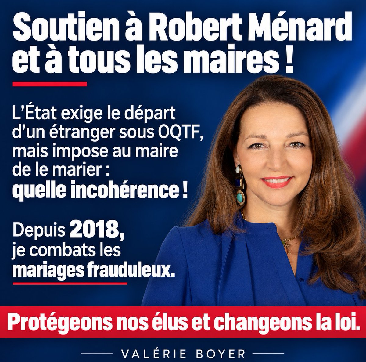 valerieboyer13's tweet photo. Soutien à Robert Ménard et à tous les maires ! L’État exige le départ d’un étranger sous OQTF, mais impose au maire de le marier : quelle incohérence ! Depuis 2018, je combats les mariages frauduleux. Protégeons nos élus et changeons la loi. https://t.co/j2wDpx2pf1