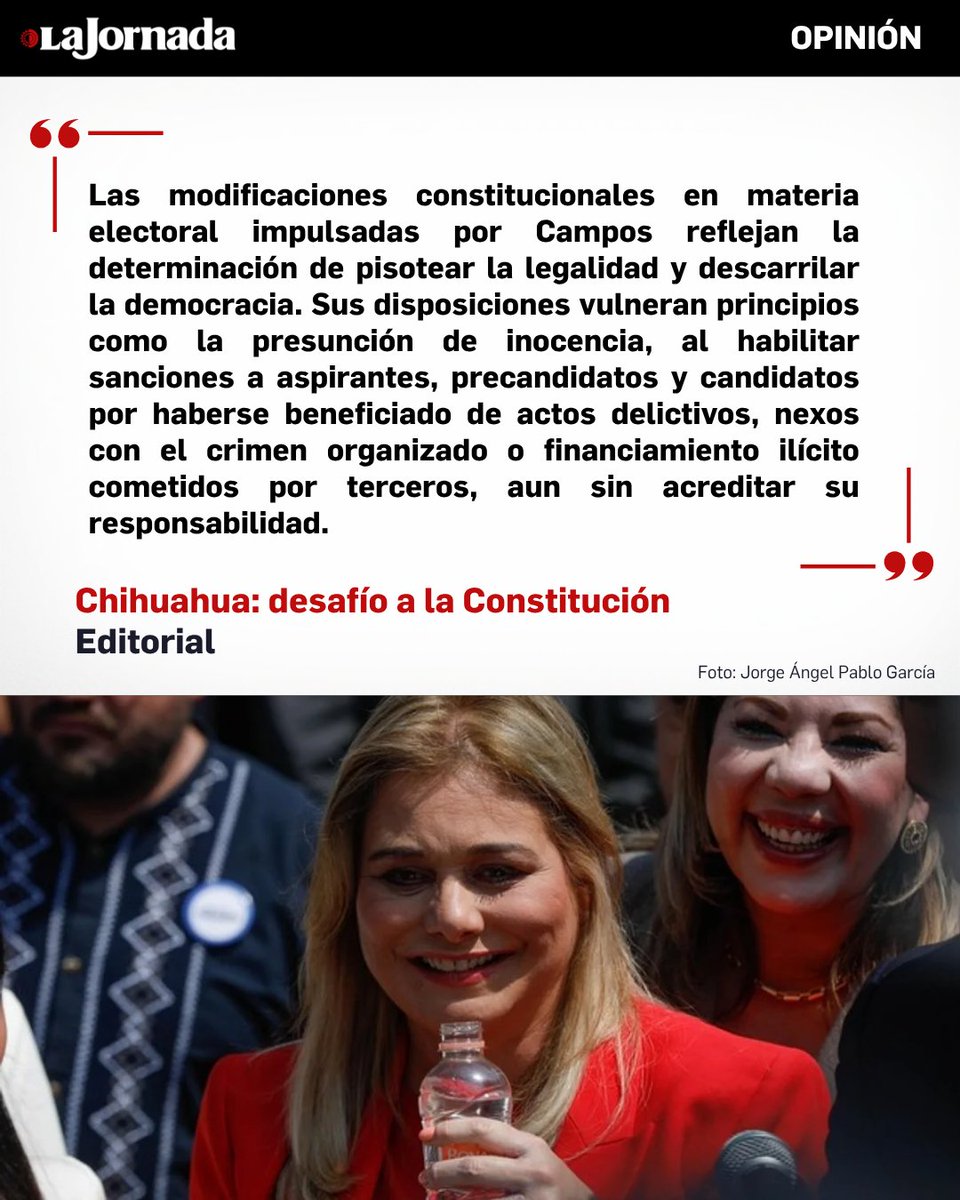 LaJornada's tweet photo. #LaJornadaOpina | Chihuahua: desafío a la Constitución

La Suprema Corte de Justicia de la Nación (SCJN) ordenó al Congreso de Chihuahua legislar para blindar las elecciones estatales de la injerencia extranjera, tras concluir que omitió incorporar en su reforma electoral del pasado 30 de junio la causal de nulidad prevista en la Constitución federal cuando ese tipo de intervención influya en los resultados.

La sentencia del máximo tribunal se produjo el mismo día en que el Congreso de la Unión aprobó la reforma que prohíbe ostentar una segunda nacionalidad a quienes aspiren a desempeñar la titularidad del Ejecutivo federal, gubernaturas o la jefatura de Gobierno de la Ciudad de México. Con 86 votos a favor, 41 en contra y una abstención, el Senado validó la iniciativa previamente votada por los diputados y la remitió a los congresos estatales, a fin de que continúe el proceso del Constituyente.

Más información en: https://t.co/kFHVZnASHx