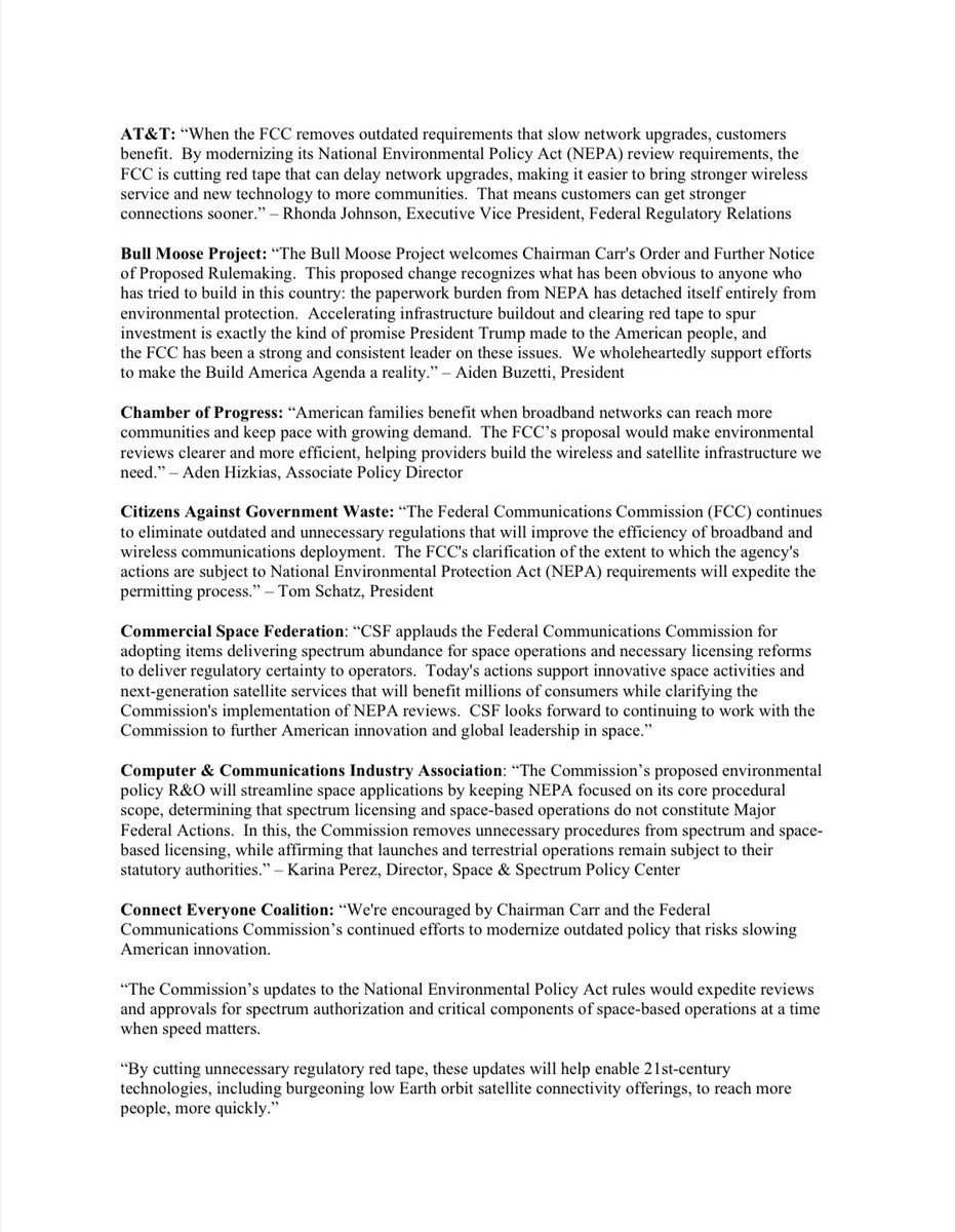 KatieFCC's tweet photo. Massive support for the FCC’s NEPA reforms! Nearly 50 organizations shared their support early &amp; even more is pouring in. These reforms  huge for builds in the U.S. &amp; future space innovation! 
🇺🇸👷🛜🚀 https://t.co/XfrDpb6dIA