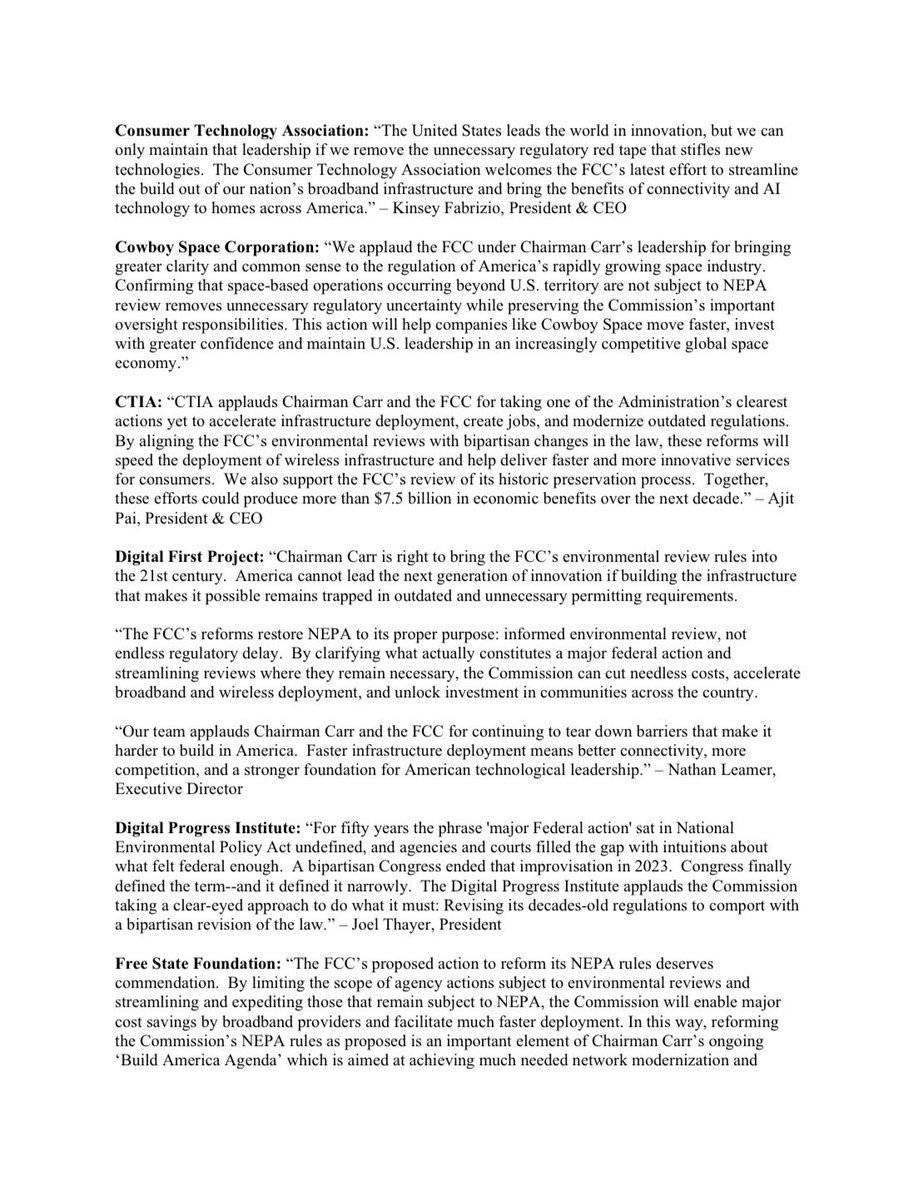 KatieFCC's tweet photo. Massive support for the FCC’s NEPA reforms! Nearly 50 organizations shared their support early &amp; even more is pouring in. These reforms  huge for builds in the U.S. &amp; future space innovation! 
🇺🇸👷🛜🚀 https://t.co/XfrDpb6dIA