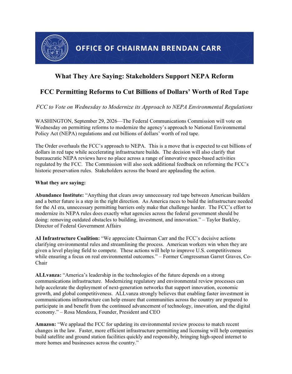KatieFCC's tweet photo. Massive support for the FCC’s NEPA reforms! Nearly 50 organizations shared their support early &amp; even more is pouring in. These reforms  huge for builds in the U.S. &amp; future space innovation! 
🇺🇸👷🛜🚀 https://t.co/XfrDpb6dIA
