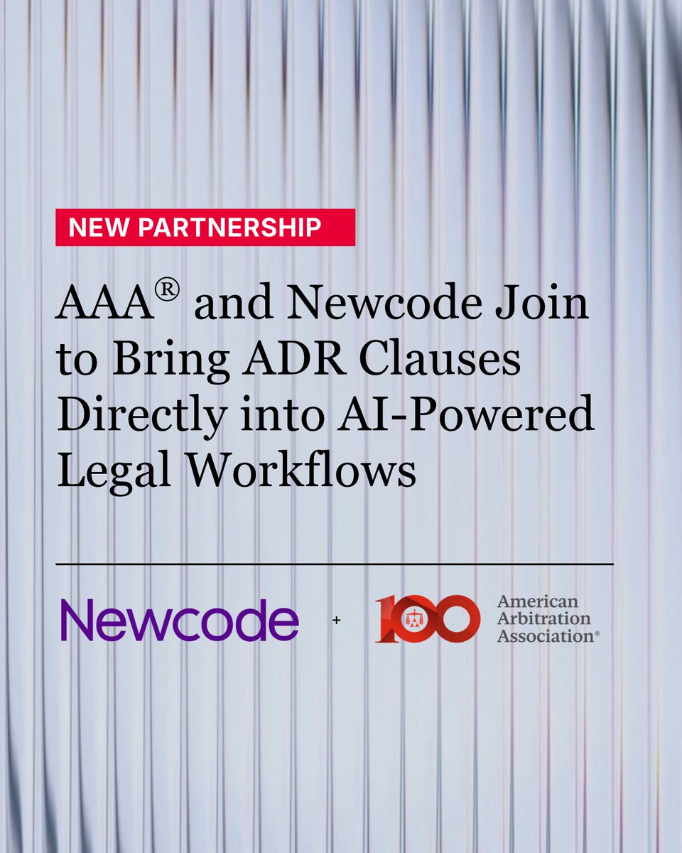 ADRorg's tweet photo. The AAA has announced a strategic alliance with Newcode, the configurable agentic AI harness built for complex legal work. 

Through this collaboration, AAA ADR clauses will be made available directly within Newcode, enabling users to incorporate clear and effective clause language from the moment they begin drafting agreements. 

By integrating AAA’s library of arbitration and mediation clauses directly into Newcode, legal and business teams will have access to established AAA clause language that can be incorporated into contracts, workflows, and agentic AI drafting tools. 

The collaboration is designed to support the adoption of thoughtful, well-structured ADR clauses, helping organizations reduce ambiguity, strengthen procedural alignment, and support a clearer path for resolving disputes should they arise.   

Learn more here: https://t.co/rhBIvbaIZq

#AAA #Newcode #AIinADR #LegalTech