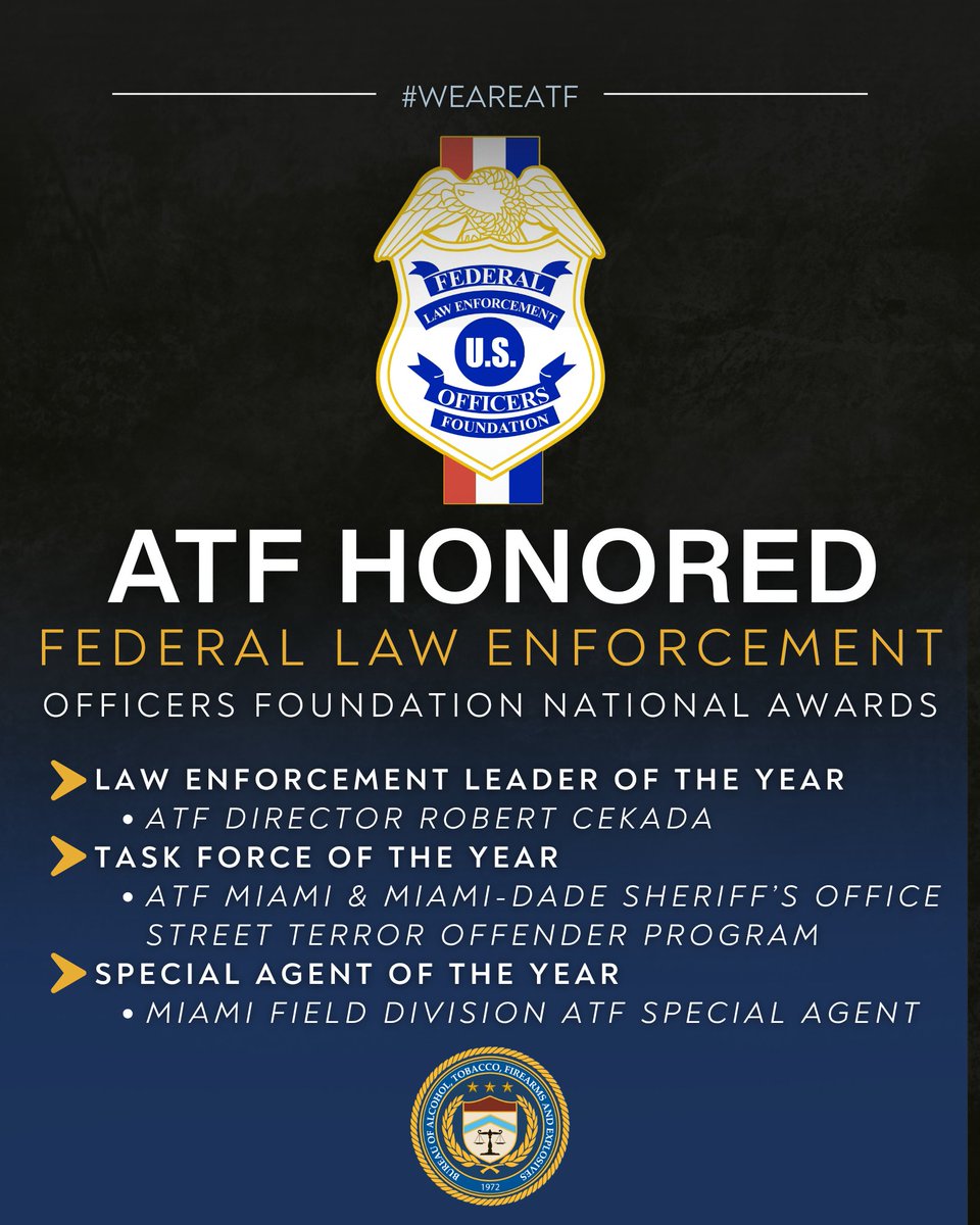 ATFHQ's tweet photo. A proud night for ATF at the @FLEOAORG Foundation's annual awards ceremony in Miami. Congratulations to our honorees:

▶️@ATFDirectorRC was named the Law Enforcement Leader of the Year;
▶️@ATFMiami  and @MiamiDade_SO Street Terror Offender Program was honored as the Task Force of the Year;
▶️And an @ATFMiami Special Agent earned the title of Special Agent of the Year.

These honors reflect the dedication of our agents, officers, and partners who work every day to remove violent criminals from the streets. Thank you to FLEOA National President Mathew Silverman and the FLEOA Foundation for recognizing the men and women of federal law enforcement, and for FLEOA’s steadfast support of ATF. #WeAreATF