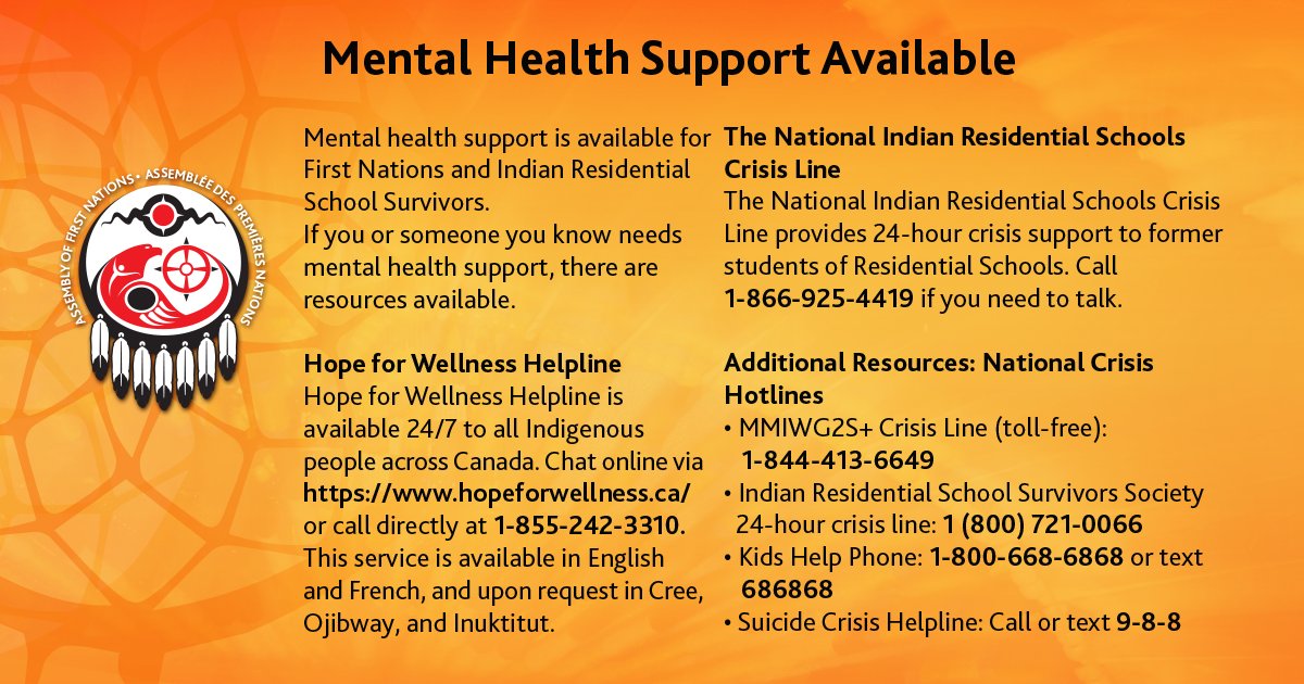 AFN_Updates's tweet photo. On the National Day for Truth and Reconciliation and Orange Shirt Day, we acknowledge that commemoration events can bring up difficult emotions. If you or someone you know needs support, know that help is available. In that spirit, we share this list of mental health resources. You are not alone.

#NDTR #OrangeShirtDay #EveryChildMatters